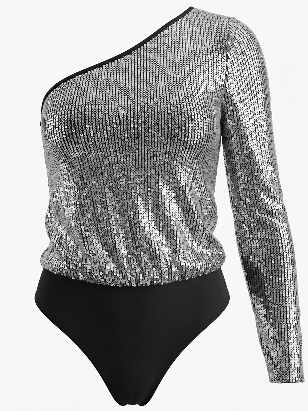 Dancing Diva Black and Silver Sequin One-Shoulder Bodysuit M